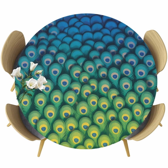 Peacock Feather Round Fitted Tablecloth with Elastic Edge, Retro Abstract Jade Green Blue Peacock Feather Stretch Table Covers for 45"-54" Tables Wipeable Table Cloth for Outdoor