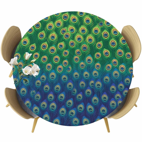 Peacock Feather Round Fitted Tablecloth with Elastic Edge, Retro Jade Green Blue Peacock Feather Stretch Table Covers for 36"-44" Tables Wipeable Table Cloth for Outdoor