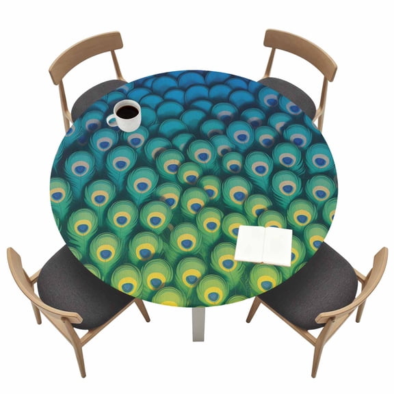 Peacock Feather Round Fitted Tablecloth Retro Abstract Jade Green Blue Peacock Feather Elastic Table Cloth Waterproof Oil Proof Table Cover Fits 36"-44" Round Tables for Party Picnic Dinner Decor