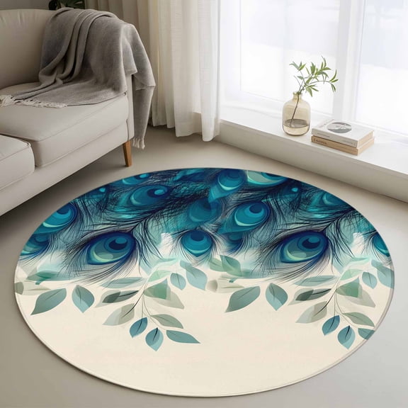 Peacock Feather Round Rugs for Living Room 3ft Teal Blue Green Leaf Abstract Non Slip Circle Rug Washable Low-Profile Indoor Carpet for Bedroom, Dining Room, Bathroom