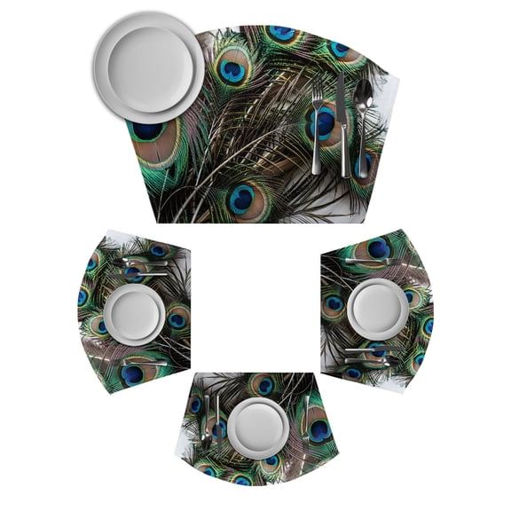 Peacock Feather Round Table Placemats Set of 2 Wedge Placemats, Teal Blue Bird Feather Modern Art Printed Place Mats for Dining Table Set Washable Mats Kitchen Decor for Indoor Outdoor Wipe Clean