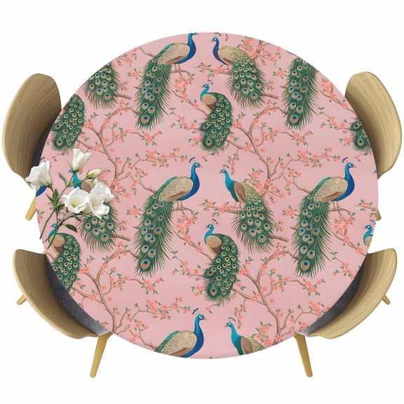 Peacock Feather Round Tablecloth, Fitted Table Cover with Elastic for 36"-44" Round Tables, Pink Vintage Botanical Branch Animals Table Cloth Outdoor Indoor Dinning Party Waterproof Tablecloths