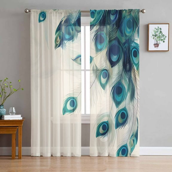 Peacock Feather Sheer Curtains 72 Inches Long 2 Panels Set, Window Sheer Curtains for Living Room/Bedroom, Teal Ethnic Rustic Farmhouse Elegant Light Filtering Rod Pocket Curtain 52'' x 72'' x 2