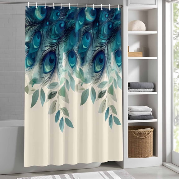 Peacock Feather Shower Curtain for Bathroom, Teal Green Fabric Shower Curtain Set with Hooks, Waterproof Washable Bath Curtain for Bathroom Decor, 36"x72"