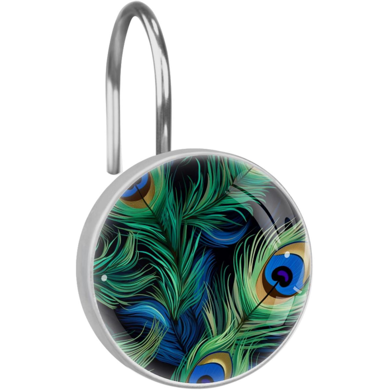 Peacock Feather Shower Curtain Hooks Round Crystal Glass, Set of 12 Shower Curtain Rings - Shower Hooks for Curtain Shower Rings