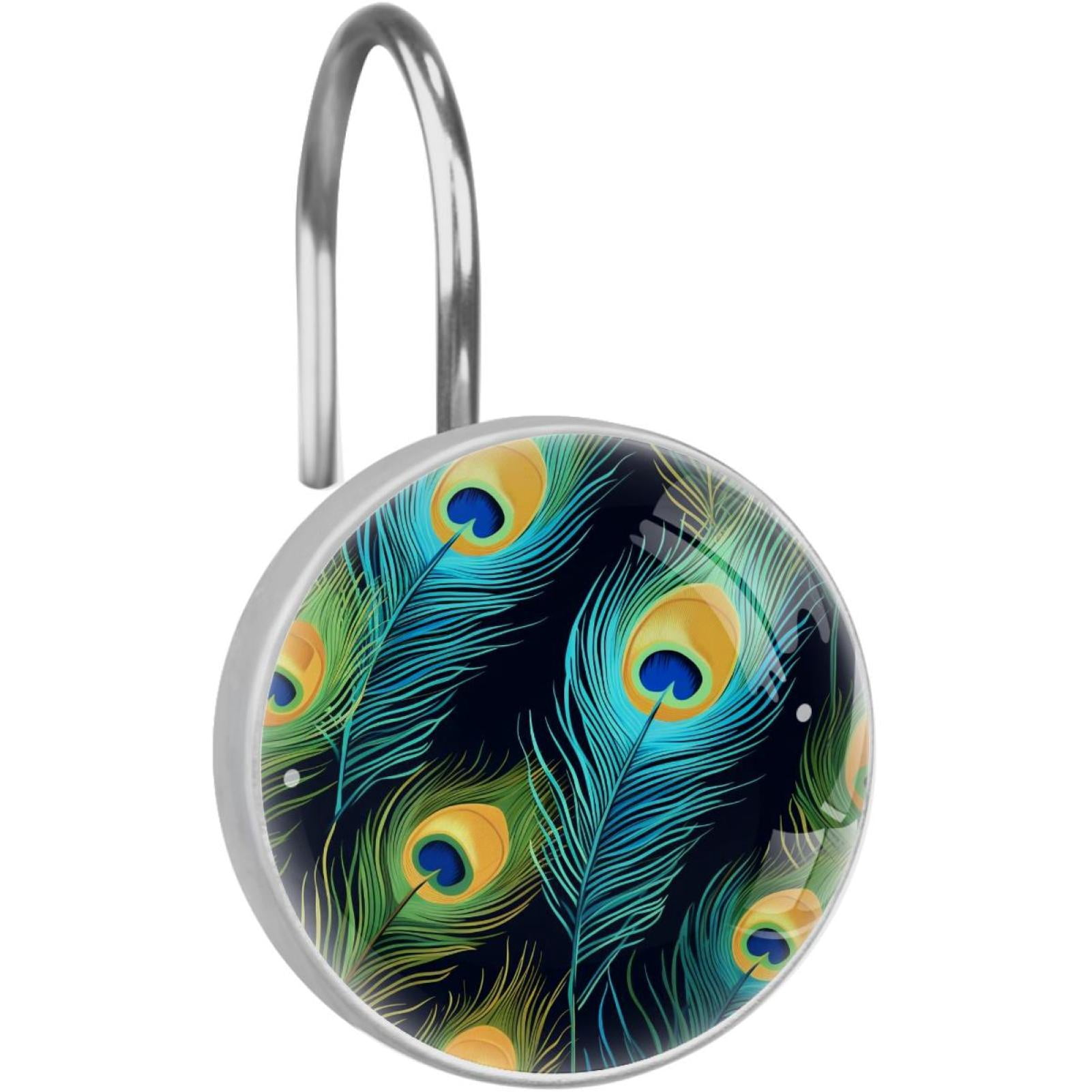 Peacock Feather Shower Curtain Hooks Round Crystal Glass, Set of 12 Shower Curtain Rings - Shower Hooks for Curtain Shower Rings