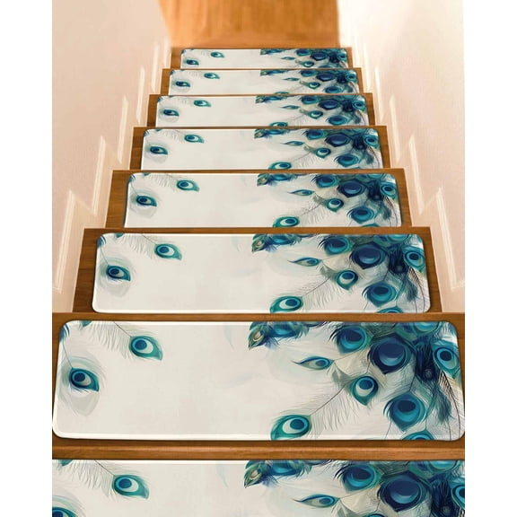 Peacock Feather Stair Treads for Wooden Steps Indoor Runner Rug Carpet, Teal Ethnic Rustic Farmhouse Elegant 7 Pieces Peel and Stick Staircase Step Treads Covers Washable Throw Door Mats, 30"x8"