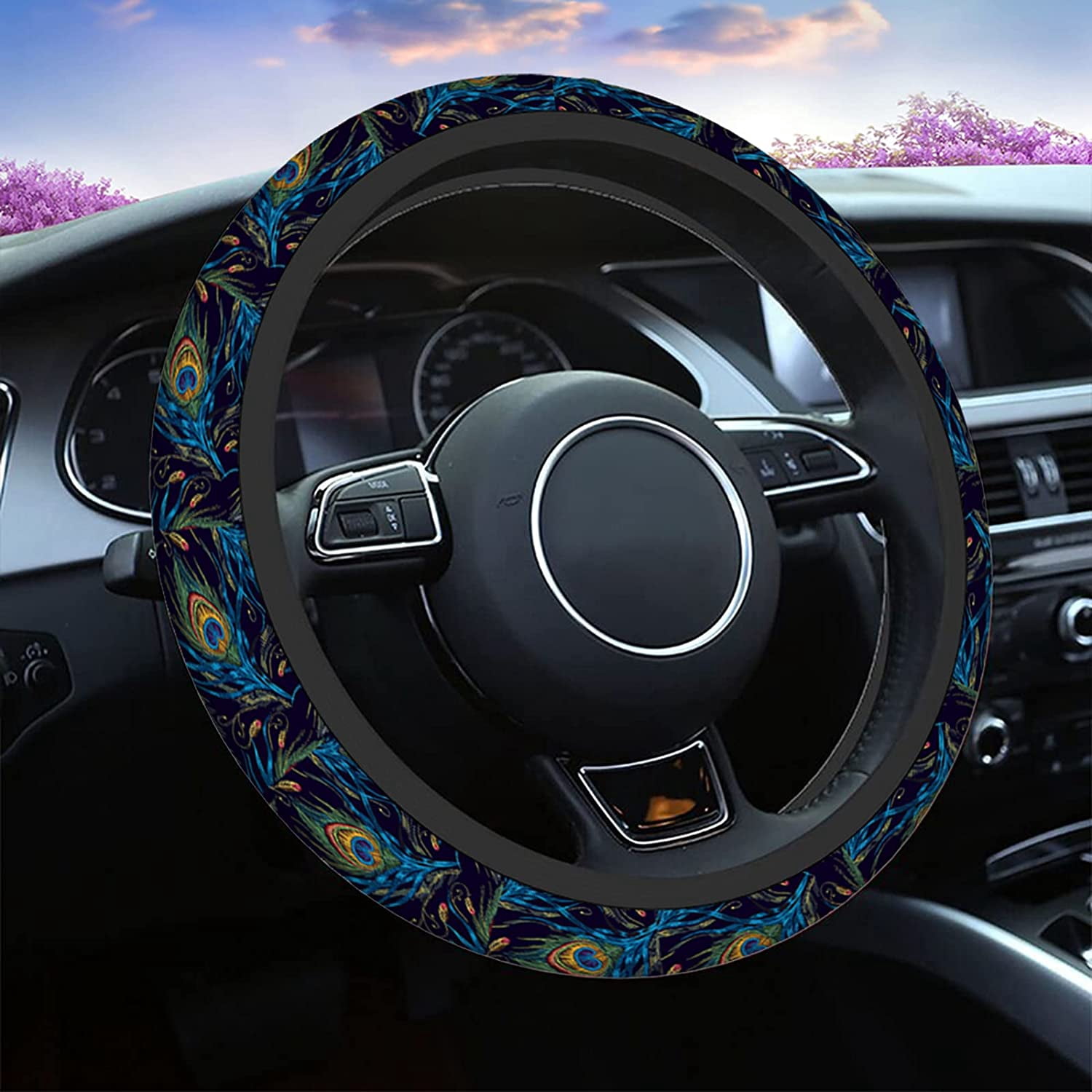 Peacock Feather Steering Wheel Cushion Case Beautiful Blue and Green Peacock Feathers Neoprene Car Steering Wheel Covers 15 Inch Anti Slip Compatible Auto Car Wrap Cover for Men Women