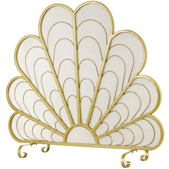 Peacock Feather Style Brass-Tone Metal Fireplace Screen, Freestanding Mesh