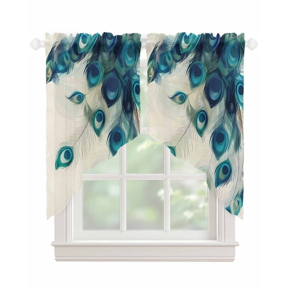 Peacock Feather Swag Valances for Windows, Teal Ethnic Rustic Farmhouse Elegant Rod Pocket Sheer Valances for Small Windows, Swag Toppers Light Filtering for Kitchen Living Room 2 Panels 36''x36''