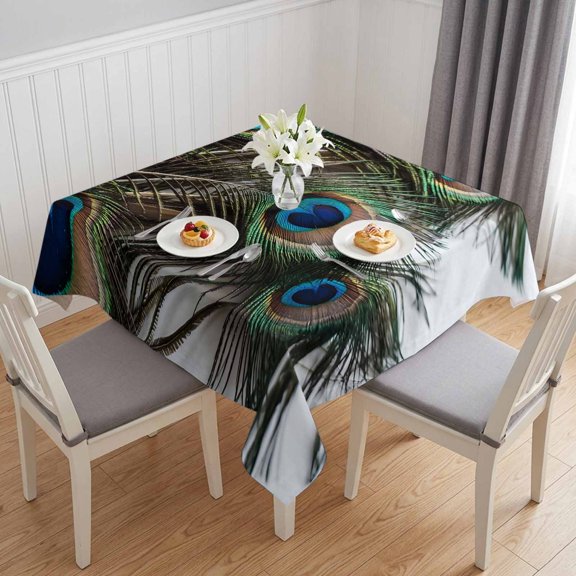 Peacock Feather Table Cloth Waterproof Tablecloths, Teal Blue Bird Feather Modern Art Printed Tablecloth Dining Table Cover for Kitchen Party Tabletop Outdoor, Square Tablecloth 54x54 Inch