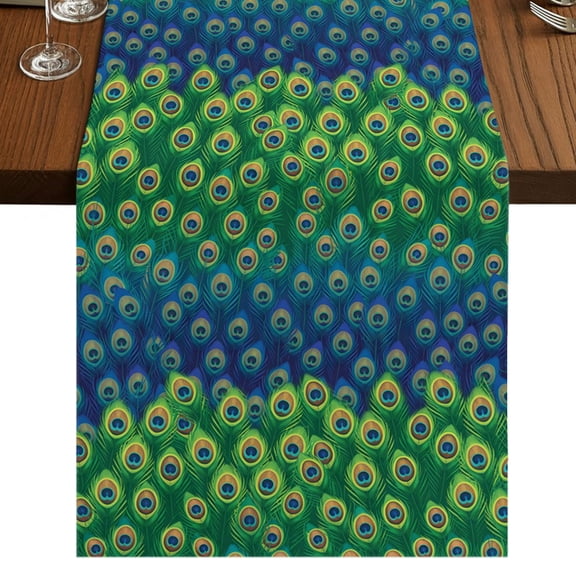 Peacock Feather Table Runner 36 Inches Long, Retro Jade Green Blue Peacock Feather Cotton Linen Dining Table Runner Dresser Scarves for Home Kitchen Party Decor 13"x36"