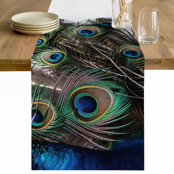 Peacock Feather Table Runner 48 Inches Long Farmhouse Dress Scarves, Teal Blue Bird Feather Modern Art Printed Dining Tablerunner for Coffee Table/Kitchen Island/Party Décor, 13" x 48"
