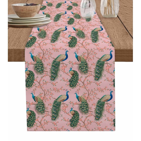 Peacock Feather Table Runner 70 Inches, Pink Vintage Botanical Branch Animals Bed Runner Dresser Scarves Tabletop for Indoor Outdoor Parties/Ceremony/Banquet, 13" x 70"