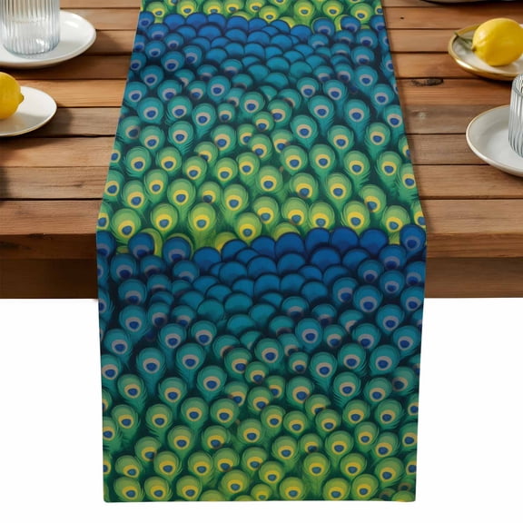 Peacock Feather Table Runner, Retro Abstract Jade Green Blue Peacock Feather Washable Kitchen Table Runners Dress Scarves for Dining Table Decorations Party, 13x120in