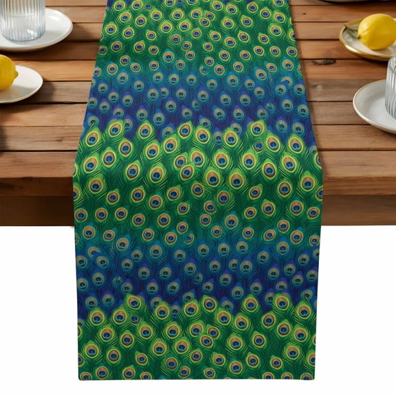 Peacock Feather Table Runner, Retro Jade Green Blue Peacock Feather Washable Kitchen Table Runners Dress Scarves for Dining Table Decorations Party, 18x72in
