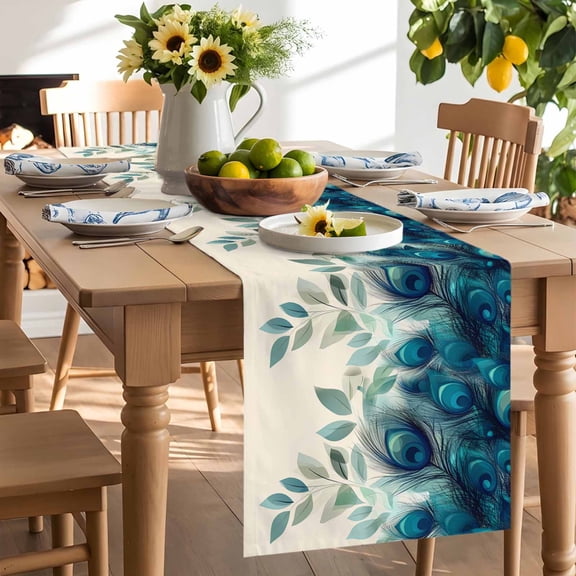 Peacock Feather Table Runner, Teal Blue Green Leaf Abstract Washable Kitchen Table Runners Dress Scarves for Dining Table Decorations Party/Restaurant/Indoor Outdoor Use, 13x36in