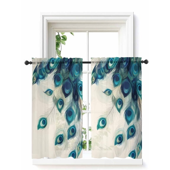 Peacock Feather Tier Curtains 45 Inch Length,Sheer Curtains for Bedroom Living Room Window Teal Ethnic Rustic Farmhouse Elegant Rod Pocket Drapes Kitchen Curtains Small Half Window 27.5"x45" 2 Panels
