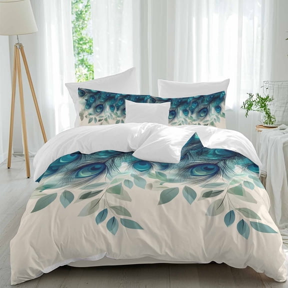 Peacock Feather Twin Size Comforter Set, Teal Blue Green Leaf Abstract Bedding for All Seasons, 4 Pcs Bed Set, 1 Quiltcover (68"x86") ,1Sheet(67"x116"), 2Pillowcases (30"x20")