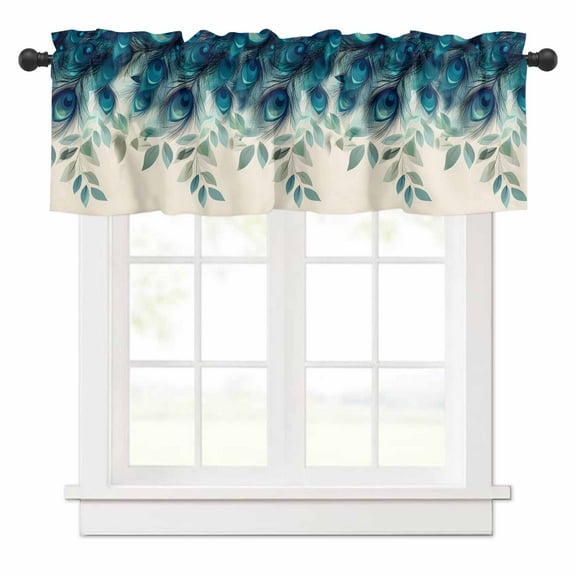 Peacock Feather Valances for Windows Teal Blue Green Leaf Abstract Rod Pocket Curtain Valance Window Treatment Short Curtains for Kitchen Living Room, 42"x12"