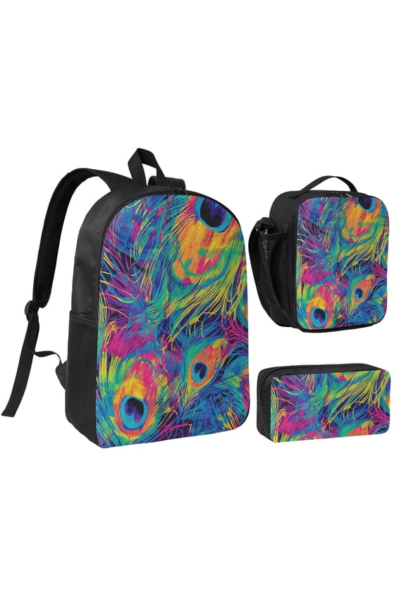 Peacock Feather Vibrant Colorful Backpack Set 3pc ,Backpack with Lunch Bag and Bag 17 Inch