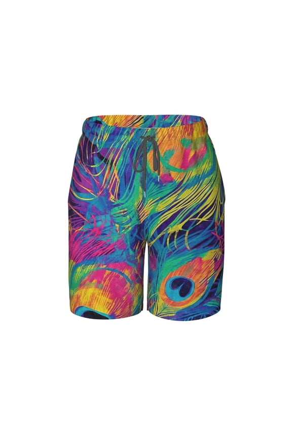 Peacock Feather Vibrant Colorful Beach Pants Lightweight and Quick-Drying Teen Shorts with Mesh Lining and Drawstring