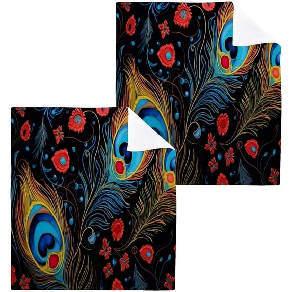 Peacock Feather Washcloths Set of 4-12 x 12 inch Pure Cotton Wash Cloth Highly Absorbent and Soft Fingertip Towels Face Cloths for Bath, Spa Wash cloth