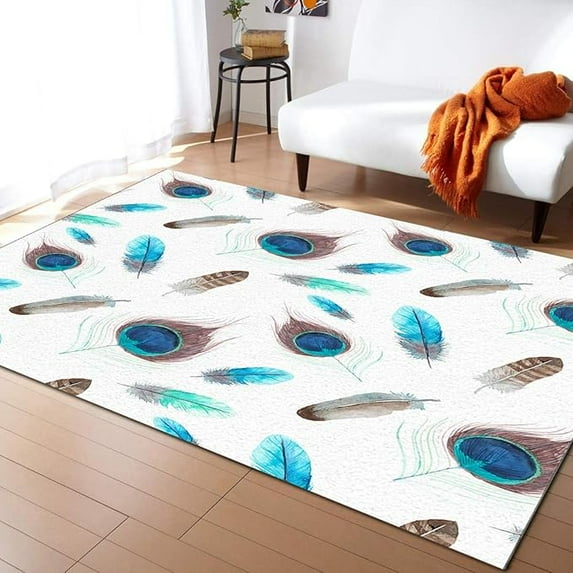 Peacock Feather Watercolor Art Area Rugs, Blue Green Beautiful Feather Easy Clean Rug, Soft Non-Skid Carpet Throw Rug For Kids Teen Girls Boys Bedroom Living Room Classroom 4 x 5ft