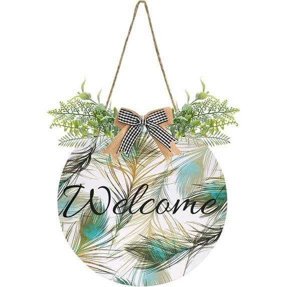 Peacock Feather Welcome Sign for Front Door, Round Sign Hanging Welcome Sign Welcome Wreath for Farmhouse Porch Door Home Decor