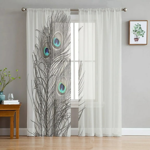 Peacock Feather White Print Sheer Window Panel Curtains Room for Living Room Bedroom Kitchen Room Chiffon Tulle Curtains