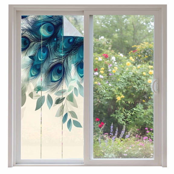 Peacock Feather Window Privacy Film Teal Blue Green Leaf Abstract Decorative Glass Window Film UV Blocking Static Cling Non-Adhesive Sticker Covering for Home Door 35.4x78.7 inches