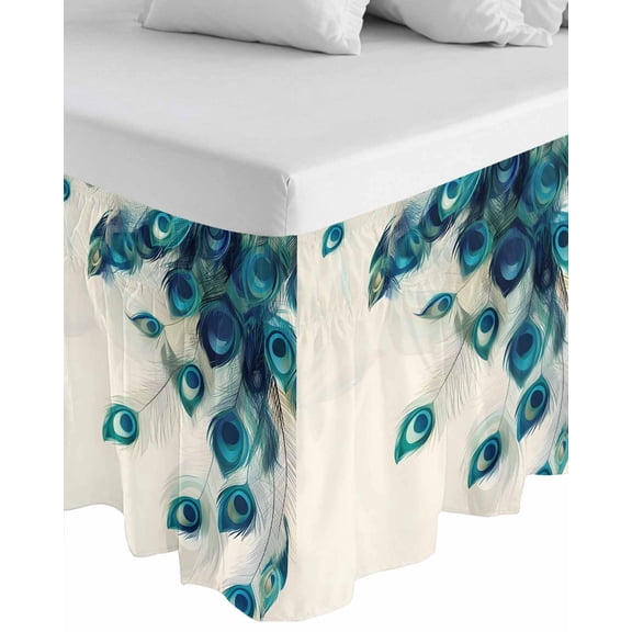 Peacock Feather Wrap Around Bed Skirts for California King Bed 16" Drop,Bed Skirt with Adjustable Elastic Belt Dust Ruffle Bed Valance for Bedroom Teal Ethnic Rustic Farmhouse Elegant Bed Frame Cover