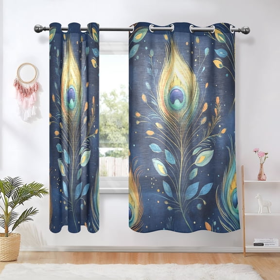 Peacock Feather and Leaves Blackout Curtains 63 inch Length 2 Panels Window Decoration Curtains for Bedroom Living Room