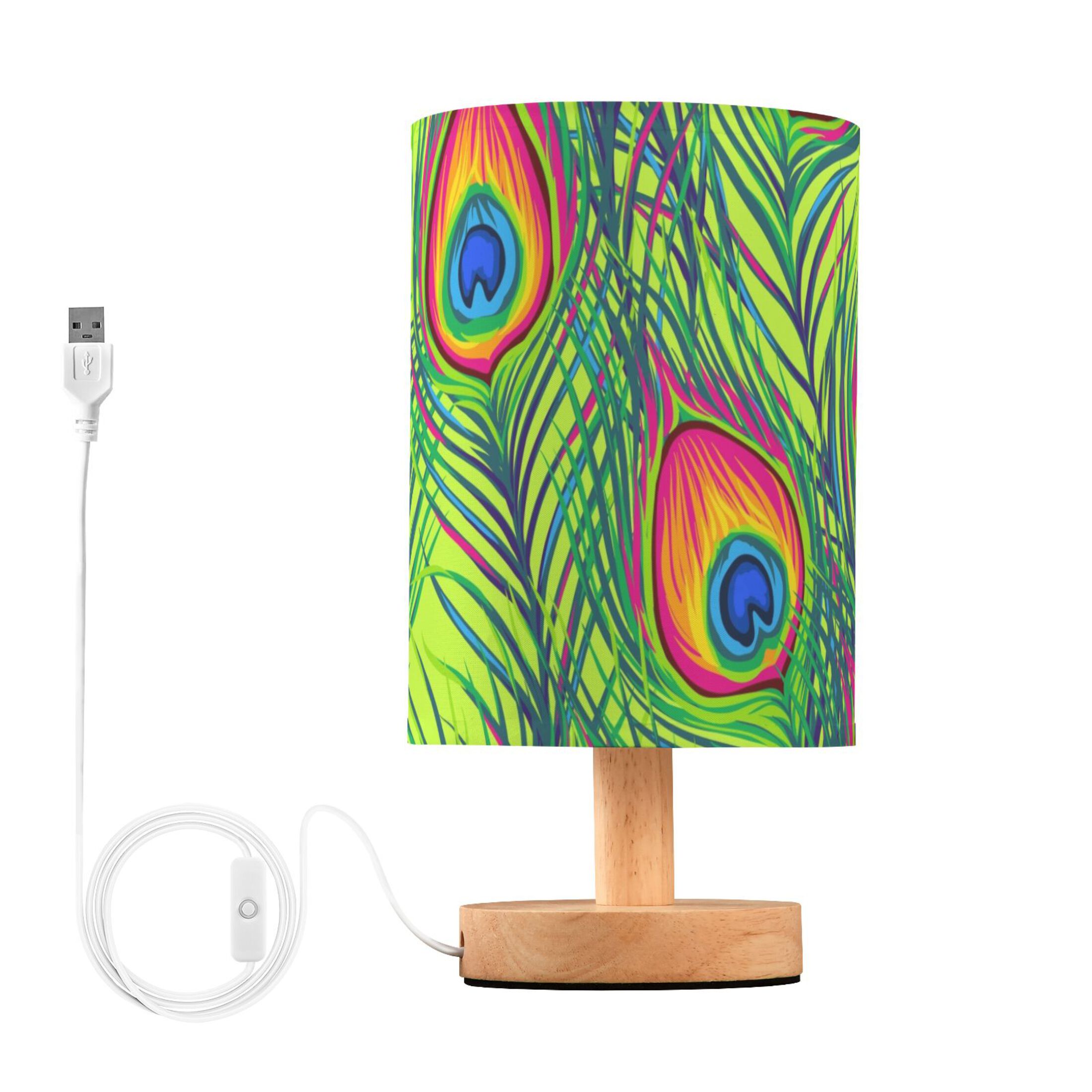 Peacock Feather on Green Bedside Table Lamp LED Warm Lights with USB