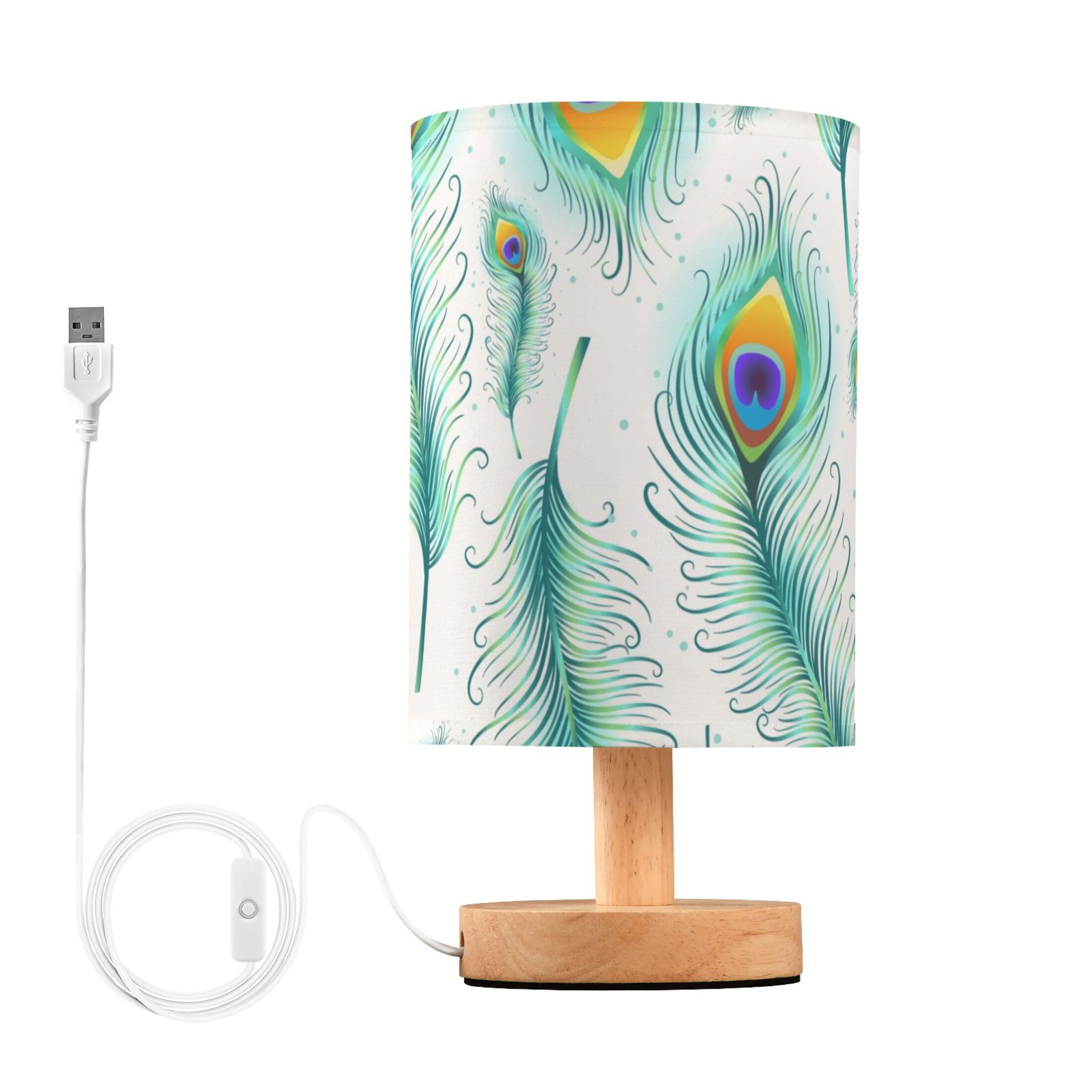 Peacock Feather with Green Bedside Table Lamp LED Warm Lights with USB