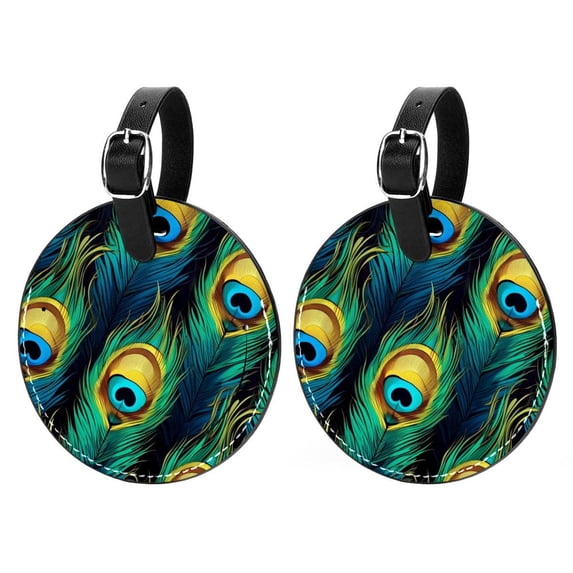 Peacock Feathers 2pcs PU Leather Round Bag Tags with Privacy Cover and Name ID Tag - Suitcase Tags for Travel Luggage, Handbags, Backpacks, School Bags