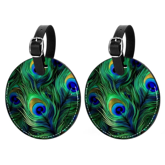 Peacock Feathers 2pcs PU Leather Round Bag Tags Suitcase Handbag Tags with Privacy Cover and Name ID Tag for Travel Luggage, Handbags, Backpacks, School Bags