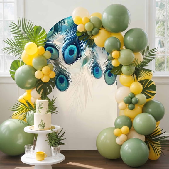 Peacock Feathers Arch Backdrop Cover, 4FT, Retro Green Abstract Art Spandex Arch Covers Double-Sided Backdrop for Wedding Birthday Party Photo Background Decoration