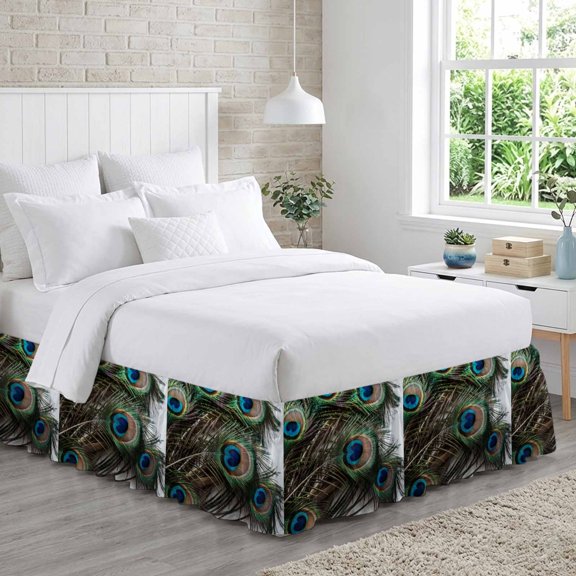 Peacock Feathers Bed Skirt California King Size 16 Inch Drop, Animal Gorgeous Adjustable Elastic Dust Ruffles Bedskirt Wrap Around Pleated Mattress Frame Cover