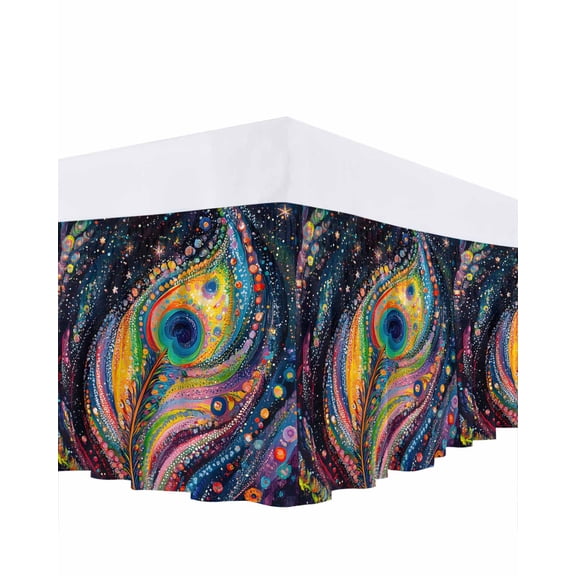 Peacock Feathers Bed Skirt California King Size 18 Inch Drop, Blue Ombre Colorful Feather Wrap Around Dust Ruffle Bedskirts, Wrinkle & Fade Resistant Easy Fit Bedskirt with Adjustable Elastic