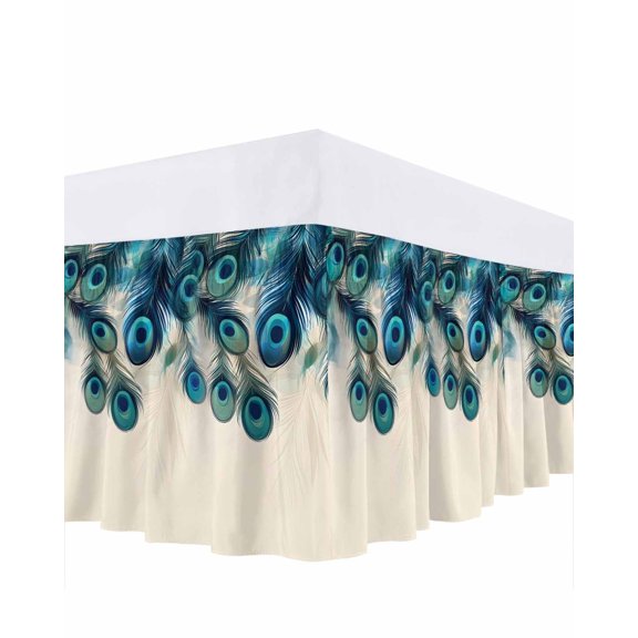 Peacock Feathers Bed Skirt Retro Green Abstract Art Bed Skirts King Size 18 Inch Drop, Wrap Around Dust Ruffle Bedskirt with Adjustable Elastic Belt for Queen Size Beds
