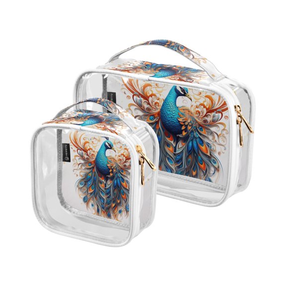 Peacock Feathers Clear Cosmetic Bags with Handles PVC Toiletry Bags Zipper Waterproof Portable for Traveling 2 Pcs