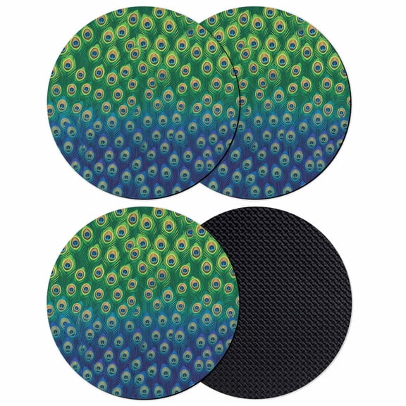 Peacock Feathers Coasters Set of 4, Absorbent Coasters for Drinks, Ombre Blue Green Modern Animals Printed Coaster for Desk Coffee Table Protection, Home Decor House Warming Gifts 4"