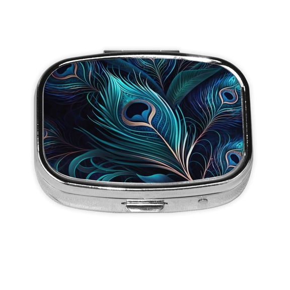 Peacock Feathers Cool Peafowl Square Pill Box 2 Compartment Pill Case Medicine Organizer Decorative Gift for Purse Pocket