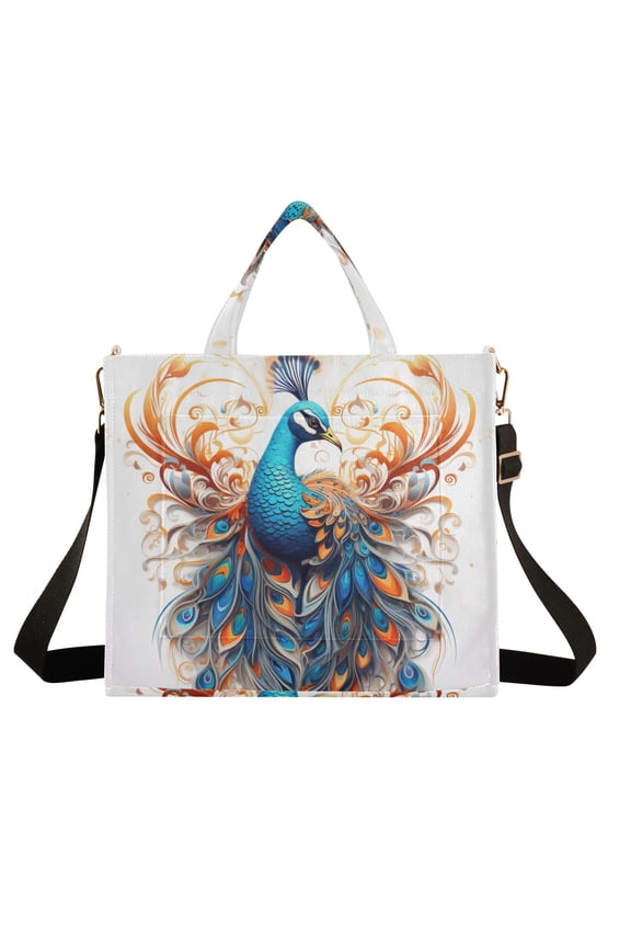 Peacock Feathers Corduroy Tote Bag Handbag Large Messenger Bag Shoulder Crossbody Zipper Bag Purse