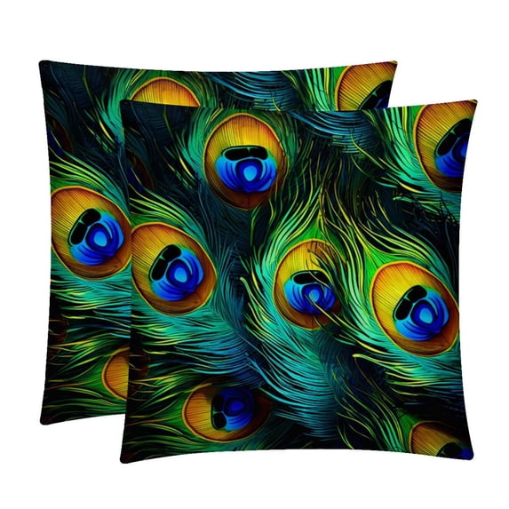 Peacock Feathers Decorative Pillows Covers with Unique Patterns for Bed, Home Decor - Set of 2 Pillow Inserts - Available in 16x16, 18x18, 20x20 Inches for Various Occasions