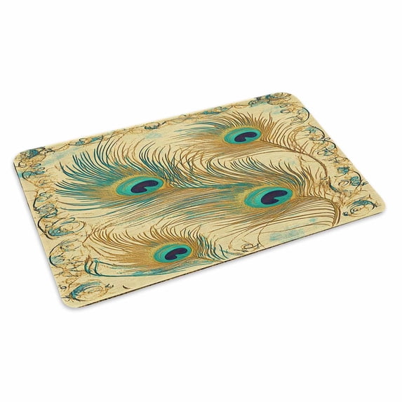 Peacock Feathers Doormat Outdoor Entrance 24"x36", Brown Turquoise Vintage Abstract Absorb Moisture Dirt Door Mats, Non-Slip Rubber Backing Floor Mats Indoor, Low-Profile Front Door Rugs