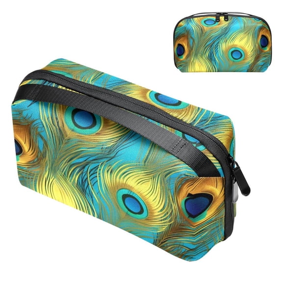Peacock Feathers Electronic Organizer Travel Case, Oxford Fabric Waterproof PC Case Cable Organizer Cord and Cable Organizer Electronic Travel Case Organizer, 5.9x9.44x3.14 in