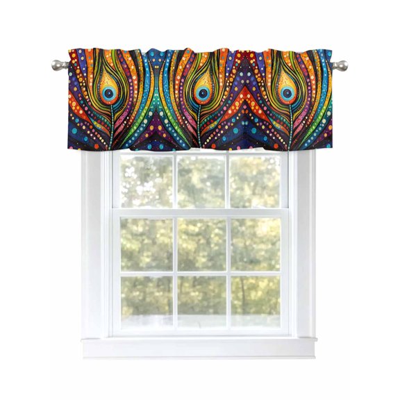 Peacock Feathers Eye Curtain Valances for Windows, Abstract Colorful Oil Painting Kitchen Valance Window Treatment, Light Filtering Block Curtains for Bathroom/Bedroom/Living Room 42'' x 12''