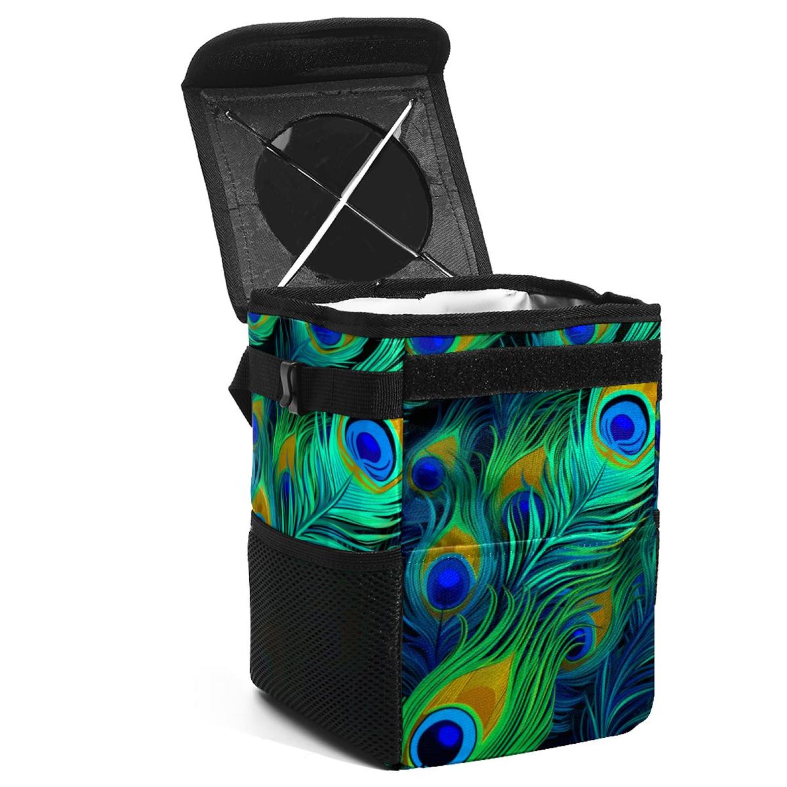 Peacock Feathers Foldable Car Trash Can with Lid - Leak-proof Hanging ...